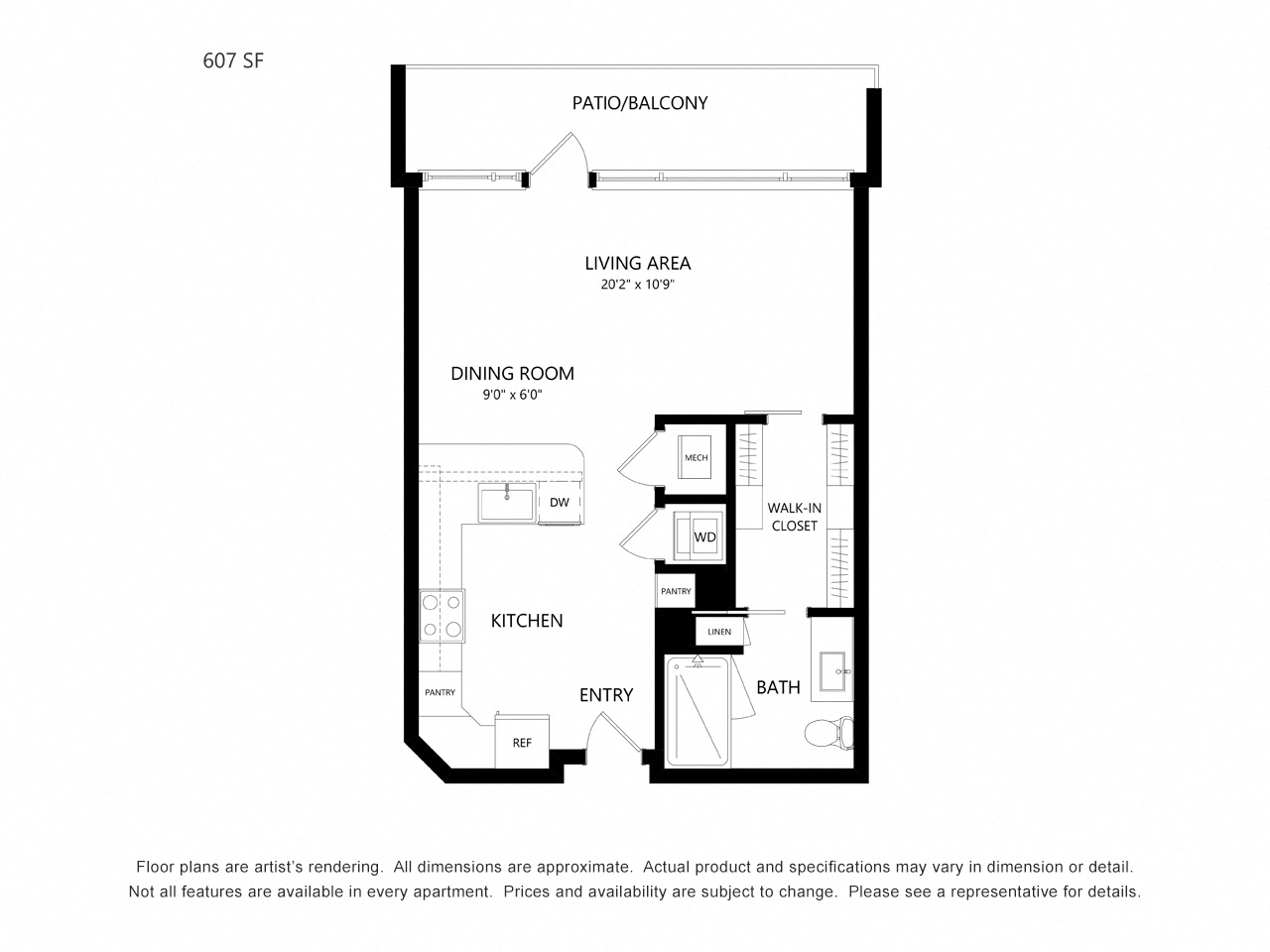 Floor plan for studio, 1 bath, 607 sqft